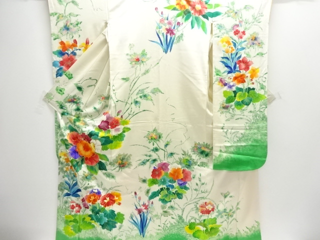JAPANESE KIMONO / ANTIQUE FURISODE / SILK / EMBROIDERY / FLOWER